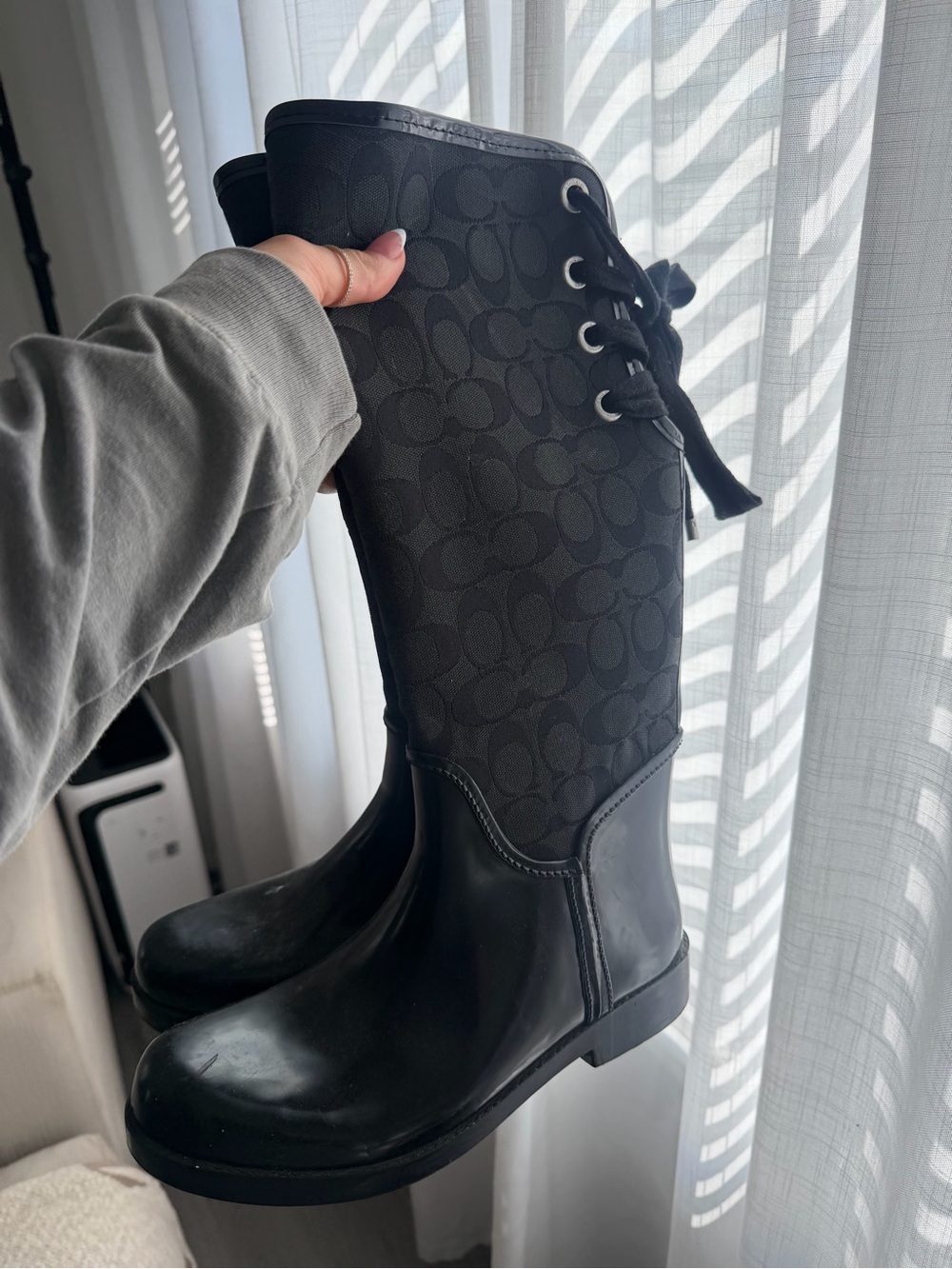 Coach Black Lace-Up Signature Rain Boots - Women's